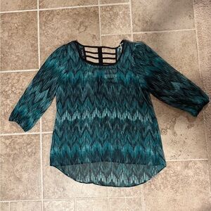 A. Byer Teal and Black Zigzag Blouse